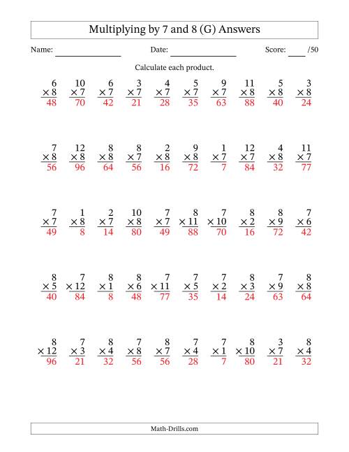 The Multiplying (1 to 12) by 7 and 8 (50 Questions) (G) Math Worksheet Page 2