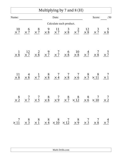 The Multiplying (1 to 12) by 7 and 8 (50 Questions) (H) Math Worksheet