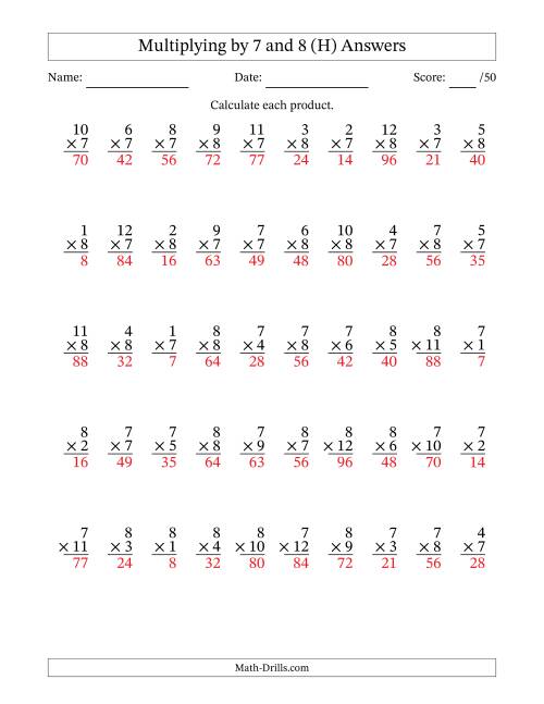 The Multiplying (1 to 12) by 7 and 8 (50 Questions) (H) Math Worksheet Page 2