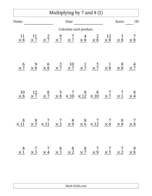 The Multiplying (1 to 12) by 7 and 8 (50 Questions) (I) Math Worksheet
