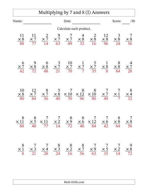 The Multiplying (1 to 12) by 7 and 8 (50 Questions) (I) Math Worksheet Page 2