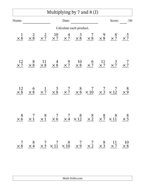 The Multiplying (1 to 12) by 7 and 8 (50 Questions) (J) Math Worksheet