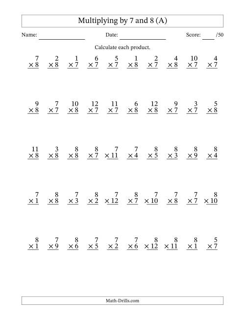 The Multiplying (1 to 12) by 7 and 8 (50 Questions) (All) Math Worksheet