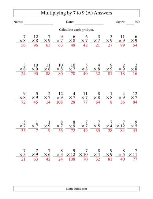 The Multiplying (1 to 12) by 7 to 9 (50 Questions) (A) Math Worksheet Page 2