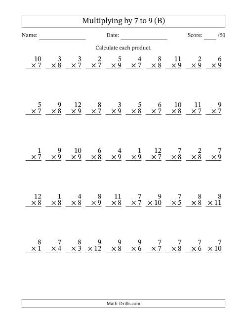 The Multiplying (1 to 12) by 7 to 9 (50 Questions) (B) Math Worksheet