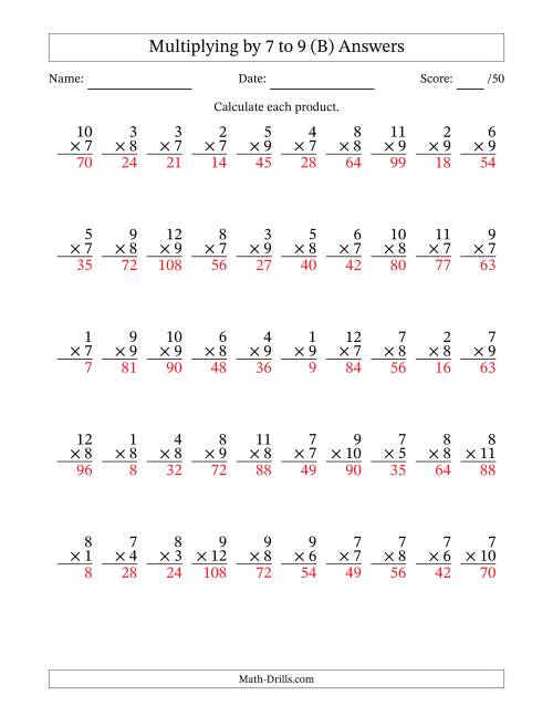 The Multiplying (1 to 12) by 7 to 9 (50 Questions) (B) Math Worksheet Page 2