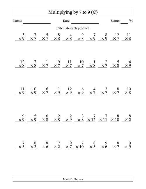 The Multiplying (1 to 12) by 7 to 9 (50 Questions) (C) Math Worksheet