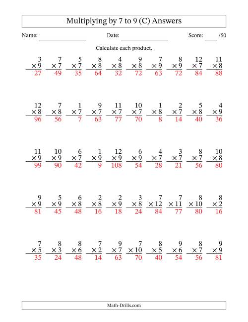 The Multiplying (1 to 12) by 7 to 9 (50 Questions) (C) Math Worksheet Page 2