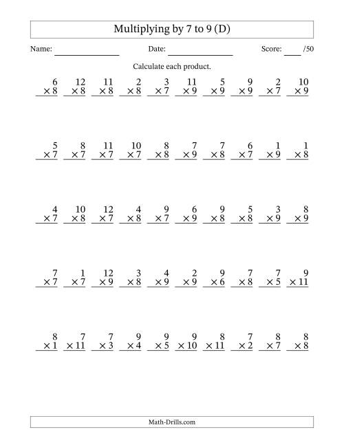 The Multiplying (1 to 12) by 7 to 9 (50 Questions) (D) Math Worksheet