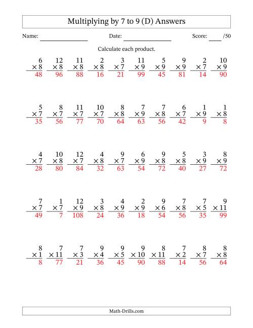The Multiplying (1 to 12) by 7 to 9 (50 Questions) (D) Math Worksheet Page 2