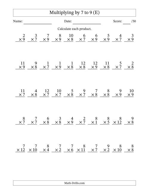 The Multiplying (1 to 12) by 7 to 9 (50 Questions) (E) Math Worksheet