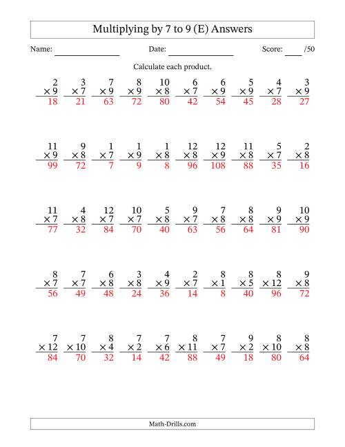 The Multiplying (1 to 12) by 7 to 9 (50 Questions) (E) Math Worksheet Page 2
