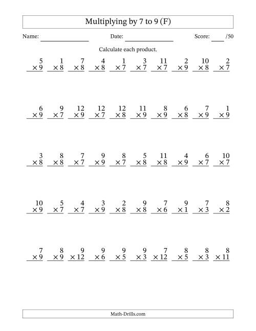 The Multiplying (1 to 12) by 7 to 9 (50 Questions) (F) Math Worksheet