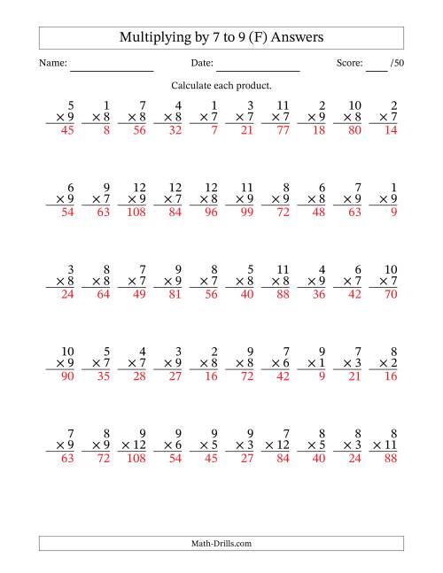 The Multiplying (1 to 12) by 7 to 9 (50 Questions) (F) Math Worksheet Page 2