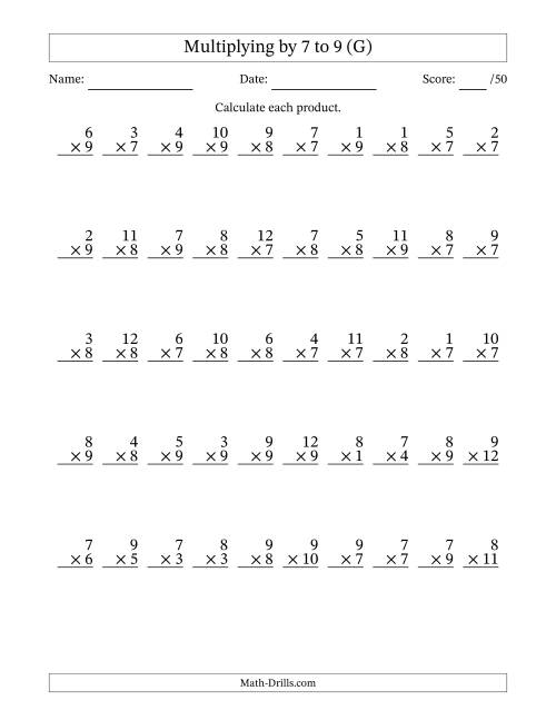 The Multiplying (1 to 12) by 7 to 9 (50 Questions) (G) Math Worksheet