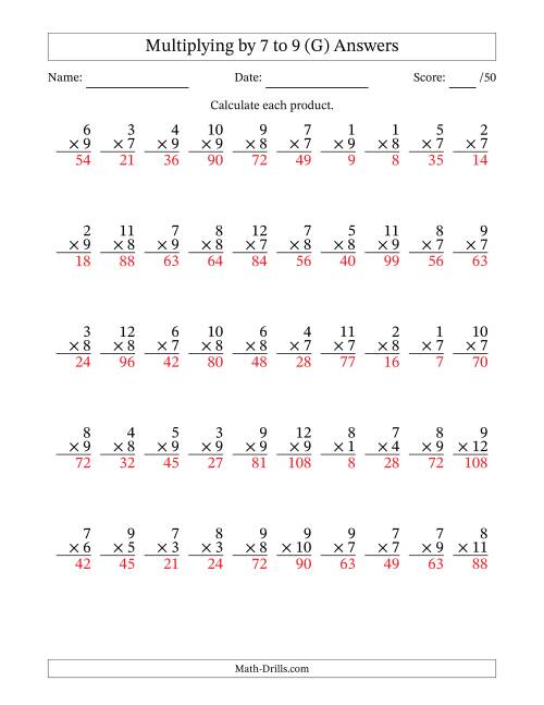 The Multiplying (1 to 12) by 7 to 9 (50 Questions) (G) Math Worksheet Page 2