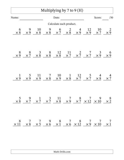 The Multiplying (1 to 12) by 7 to 9 (50 Questions) (H) Math Worksheet