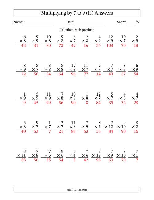 The Multiplying (1 to 12) by 7 to 9 (50 Questions) (H) Math Worksheet Page 2