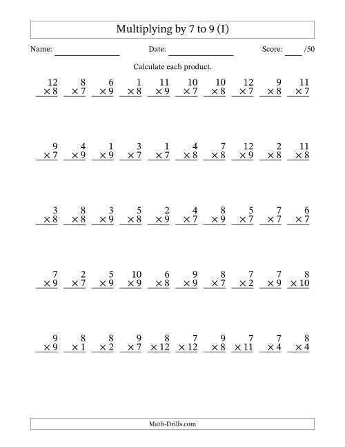 The Multiplying (1 to 12) by 7 to 9 (50 Questions) (I) Math Worksheet