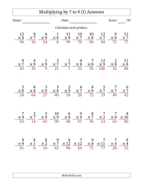 The Multiplying (1 to 12) by 7 to 9 (50 Questions) (I) Math Worksheet Page 2