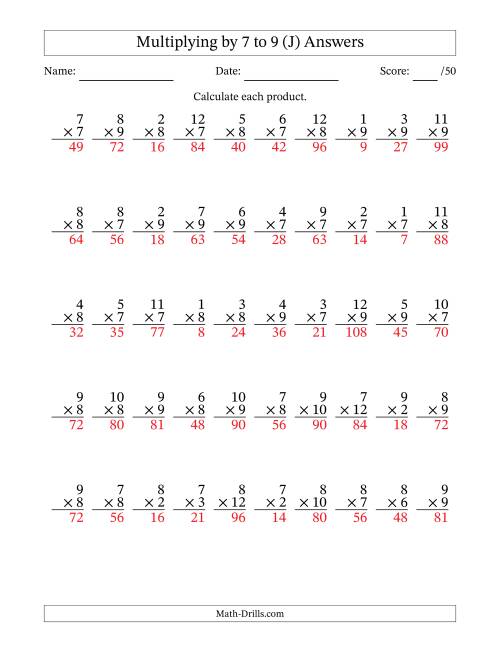 The Multiplying (1 to 12) by 7 to 9 (50 Questions) (J) Math Worksheet Page 2