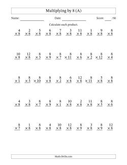 Multiplying (1 to 12) by 8 (50 Questions)