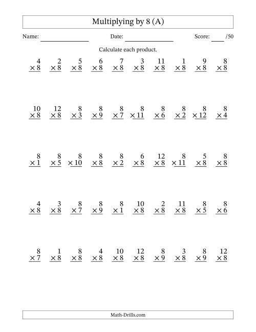 The Multiplying (1 to 12) by 8 (50 Questions) (A) Math Worksheet