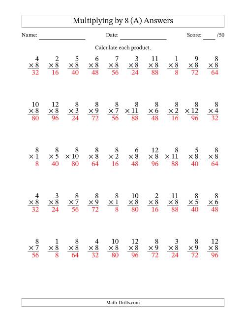 The Multiplying (1 to 12) by 8 (50 Questions) (A) Math Worksheet Page 2