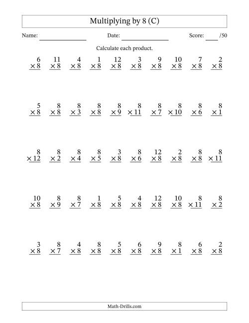 The Multiplying (1 to 12) by 8 (50 Questions) (C) Math Worksheet