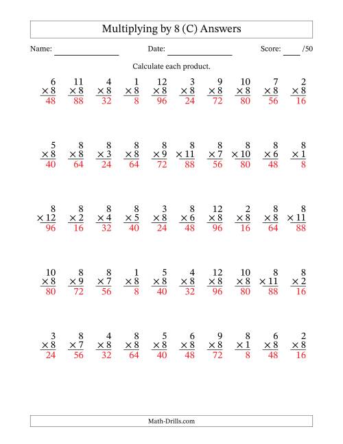 The Multiplying (1 to 12) by 8 (50 Questions) (C) Math Worksheet Page 2