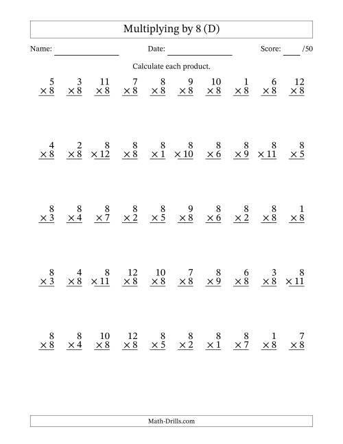 The Multiplying (1 to 12) by 8 (50 Questions) (D) Math Worksheet