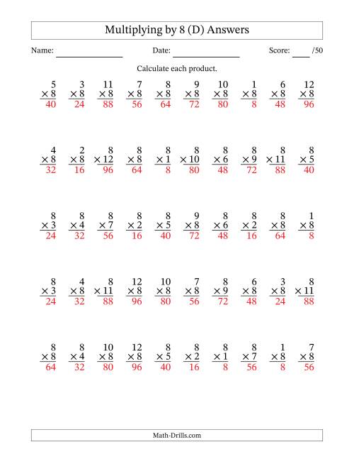 The Multiplying (1 to 12) by 8 (50 Questions) (D) Math Worksheet Page 2