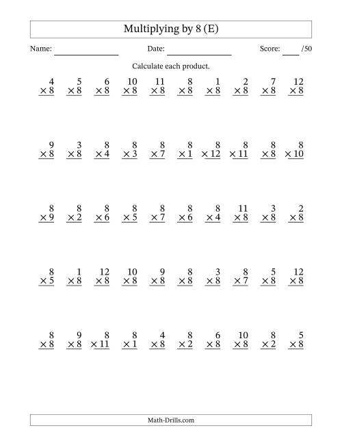 The Multiplying (1 to 12) by 8 (50 Questions) (E) Math Worksheet