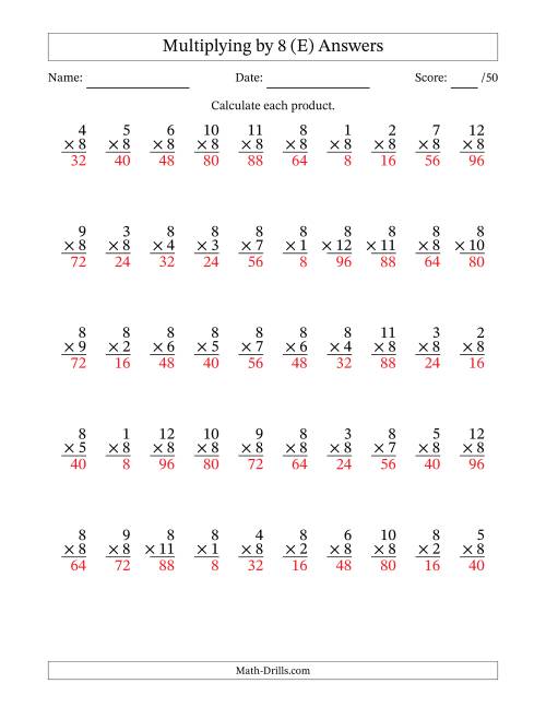 The Multiplying (1 to 12) by 8 (50 Questions) (E) Math Worksheet Page 2