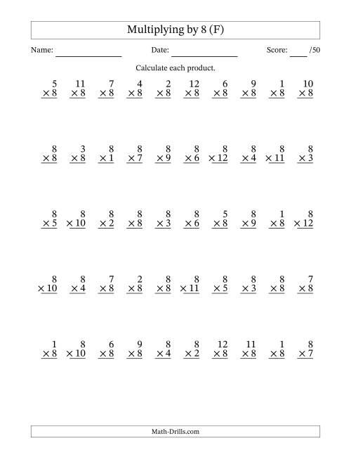 The Multiplying (1 to 12) by 8 (50 Questions) (F) Math Worksheet