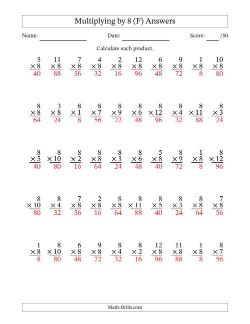 The Multiplying (1 to 12) by 8 (50 Questions) (F) Math Worksheet Page 2