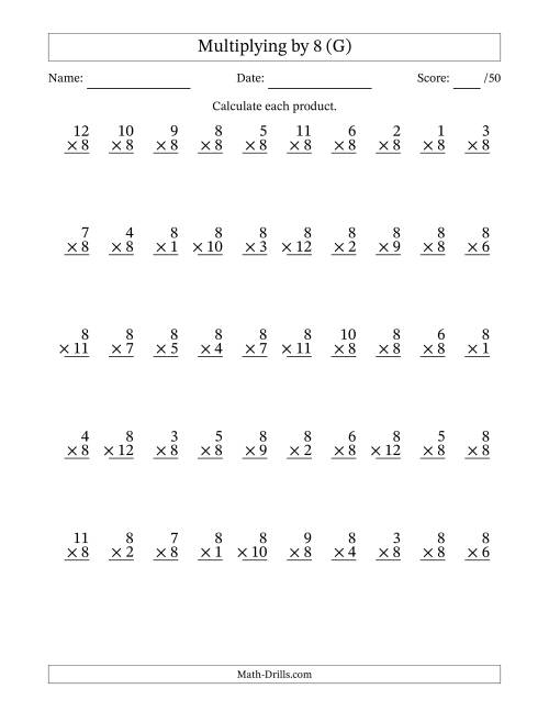 The Multiplying (1 to 12) by 8 (50 Questions) (G) Math Worksheet