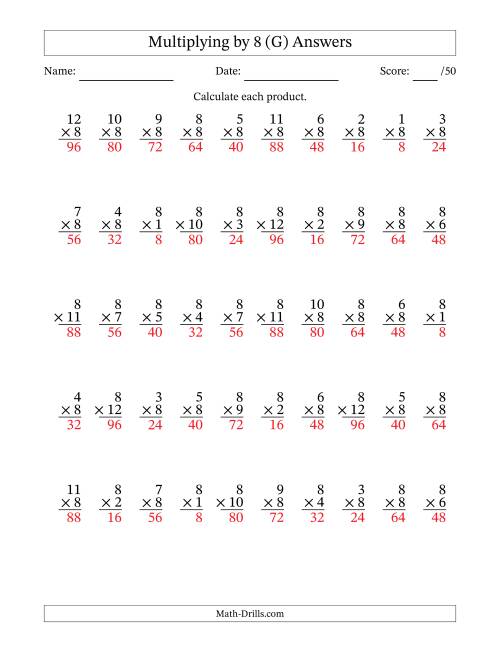 The Multiplying (1 to 12) by 8 (50 Questions) (G) Math Worksheet Page 2