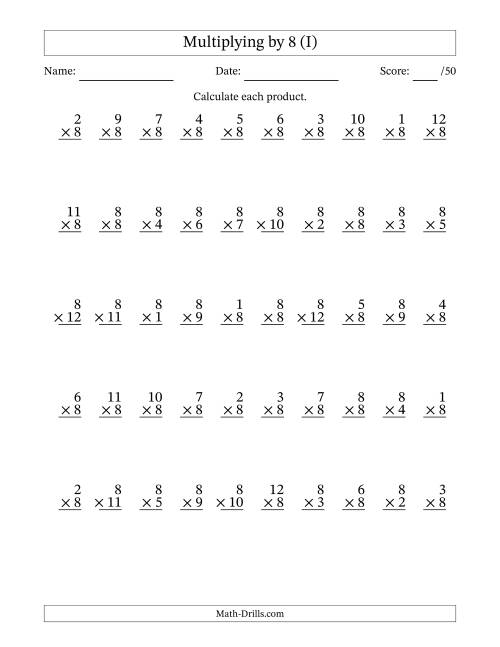 The Multiplying (1 to 12) by 8 (50 Questions) (I) Math Worksheet
