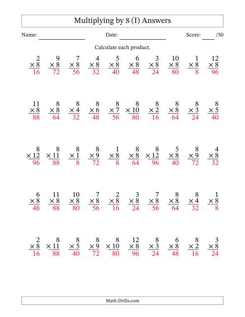 The Multiplying (1 to 12) by 8 (50 Questions) (I) Math Worksheet Page 2