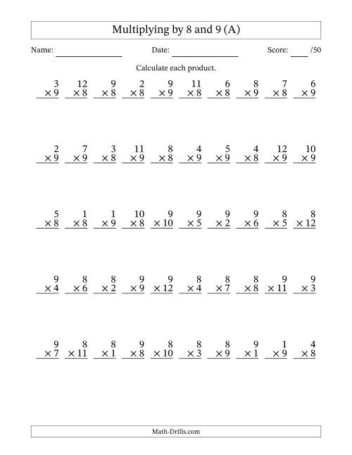 The Multiplying (1 to 12) by 8 and 9 (50 Questions) (A) Math Worksheet