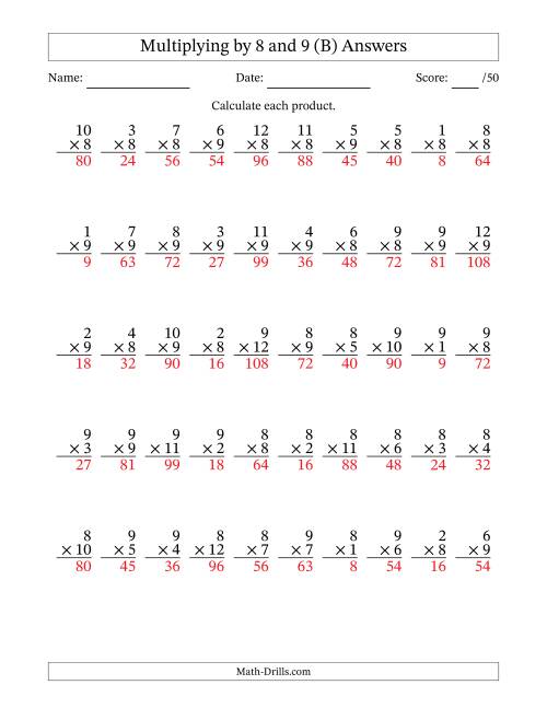 The Multiplying (1 to 12) by 8 and 9 (50 Questions) (B) Math Worksheet Page 2