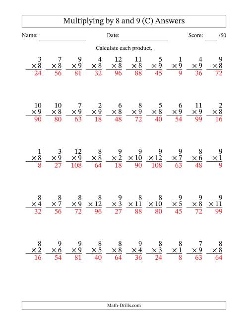 The Multiplying (1 to 12) by 8 and 9 (50 Questions) (C) Math Worksheet Page 2