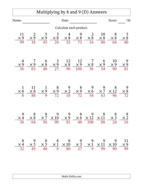 The Multiplying (1 to 12) by 8 and 9 (50 Questions) (D) Math Worksheet Page 2