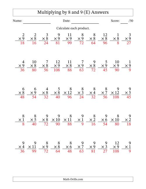 The Multiplying (1 to 12) by 8 and 9 (50 Questions) (E) Math Worksheet Page 2