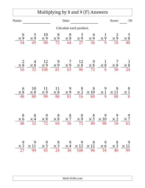 The Multiplying (1 to 12) by 8 and 9 (50 Questions) (F) Math Worksheet Page 2