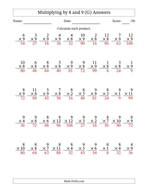 The Multiplying (1 to 12) by 8 and 9 (50 Questions) (G) Math Worksheet Page 2
