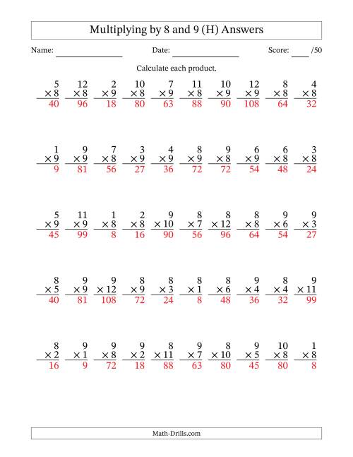 The Multiplying (1 to 12) by 8 and 9 (50 Questions) (H) Math Worksheet Page 2