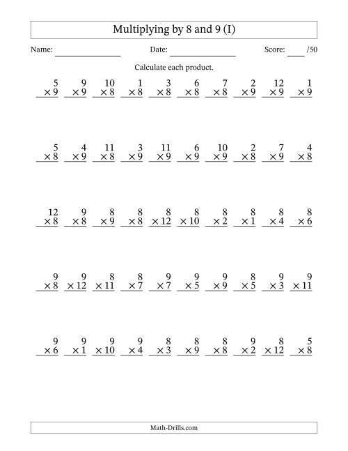 The Multiplying (1 to 12) by 8 and 9 (50 Questions) (I) Math Worksheet