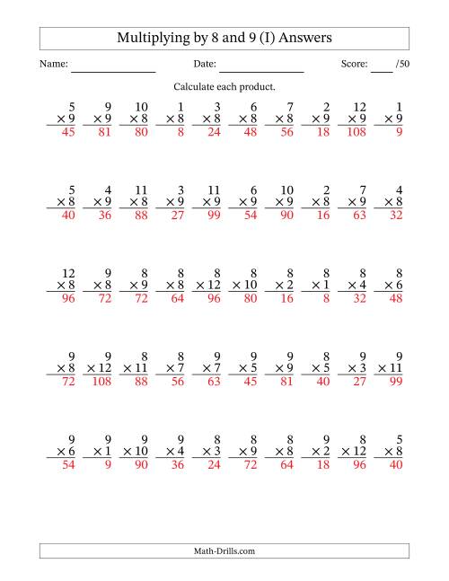 The Multiplying (1 to 12) by 8 and 9 (50 Questions) (I) Math Worksheet Page 2